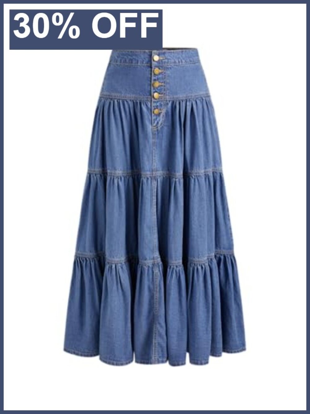 High Rise Tiered Denim Maxi Skirt Button Down Cotton Lyocell
